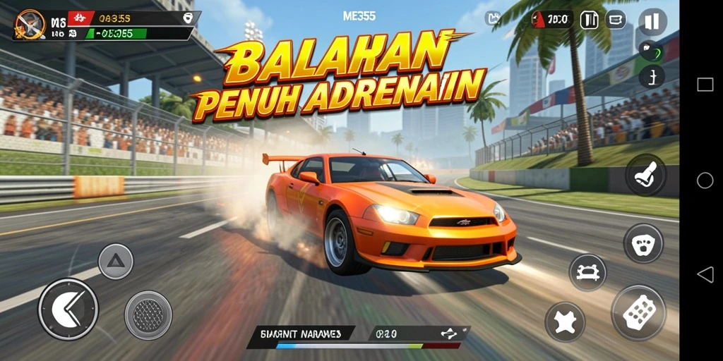 Tangkapan layar ME355 menampilkan aksi balapan yang mendebarkan dan kendaraan yang keren.
