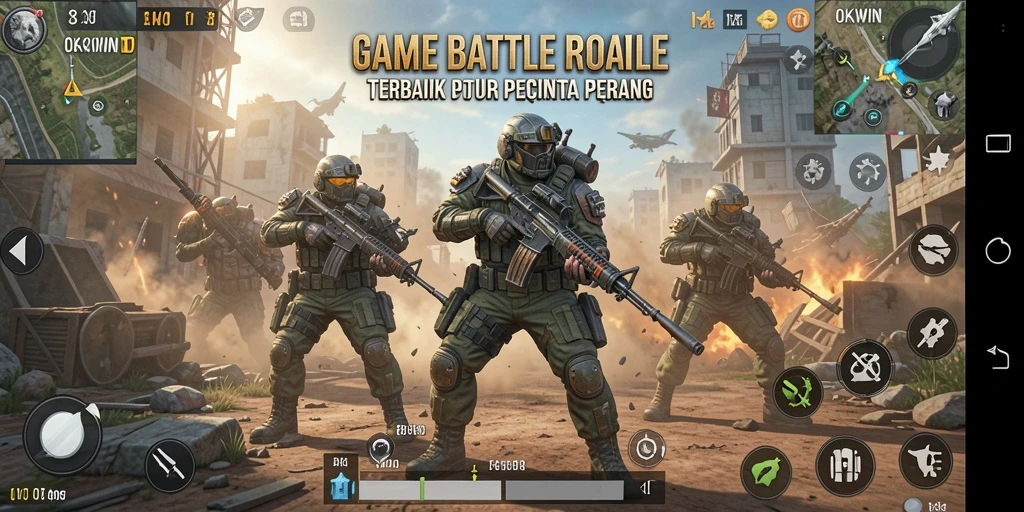 Tangkapan layar utama OKWIN menampilkan aksi pertarungan tak terduga di arena Battle Royale.